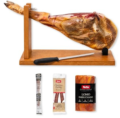 Montevalle Gran Reserva Serrano Ham Whole Leg | 7-8kg Slow Cured for 20 Months | Professional Set with Stand and Knife | Gourmet Gift Hamper Including Chorizo, Lomo, and Fuet for Spanish Tapas