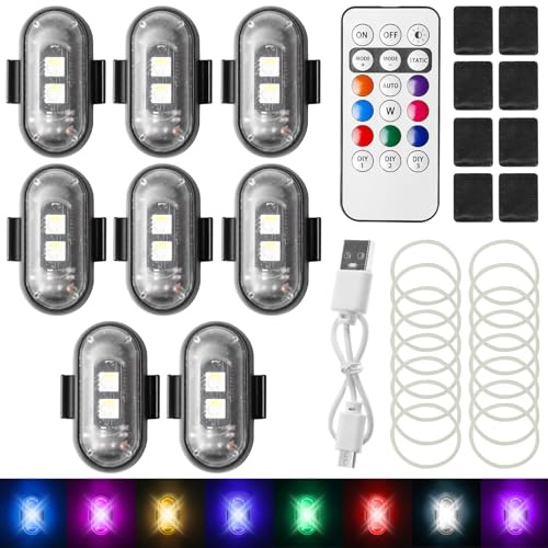 8 Pezzi Luci LED Senza Fili, Illuminazione Ambientale con Ricarica USB e Telecomando, Luce Stroboscopica LED per Aereo, Luce Stroboscopica LED 8 Colori Impermeabile Anticollisione per Droni