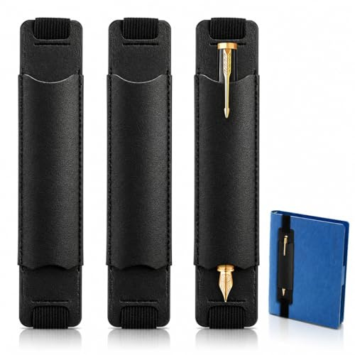 Hawpasy 3PCS Pen Holder for Notebook, Elastic Pen Holder for Notebook, Pen Pouch with Adjustable Band PU Leather Pouch Holder Sleeve with Loop Holder and Pen Clip for Note book Covers Black