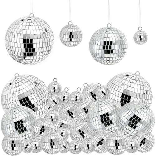 Suwimut 54 Pieces Mini Disco Ball Decor Ornaments, 4 Sizes Glitter Silver Small Hanging Mirror Disco Ball Decoration with Rope for Christmas Tree, Cake Topper, Music Prom, Party, Wedding