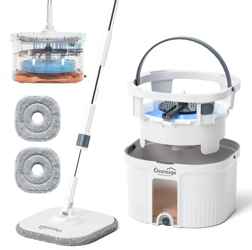Cleansage® AquaPro Spin Mop and Bucket Sets – Microfibre Mops for Cleaning Hardwood, Laminate & Tile Floors, Wall with Long Handle, Clean and Dirty Water Separation, 3 x Reusable Pads, Easy Storage