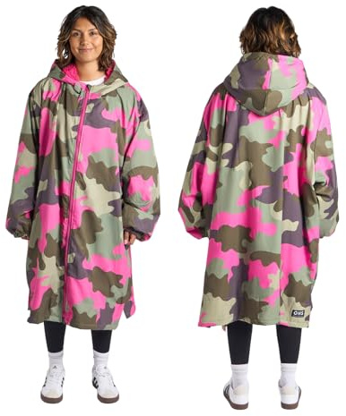 OHS Drying Robe Adult Womens, Camouflage Oversized Waterproof Jacket Lightweight Fleece Lining Rain Coats for Women with Hood & Pockets Breathable Changing Robe for Outdoor, Green/Pink - L/XL