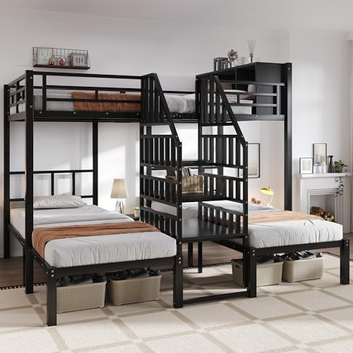 TOBIDOEN Letto a castello in ferro, 90 x 200 cm e 140 x 200 cm, per 3 persone, comoda scala con corrimano e telaio stabile, letto superiore con vano portaoggetti, telaio in metallo, colore nero