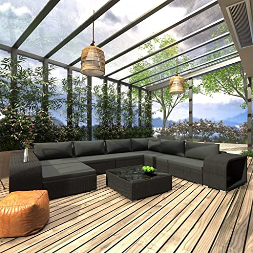Teenpull 10-TLG. Garten-Lounge-Set, Poly Rattan Schwarz, Outdoor Sitzgruppe mit Auflagen, Couchtisch, Beistelltischen, modern, witterungsbeständig für Terrasse, Balkon, Garten