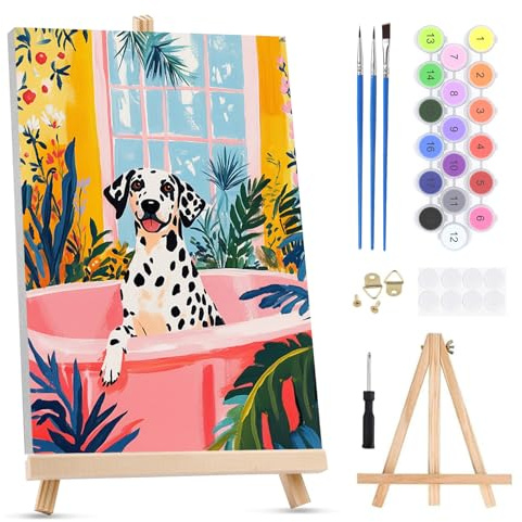 QENSPE Paint by Numbers for Adults on Framed Canvas - with Wooden Easel, Spotted Dog Painting by Number Kit for Beginners, DIY Bathtub Acrylic Oil Painting for Home Wall Decor (8x12 inch)
