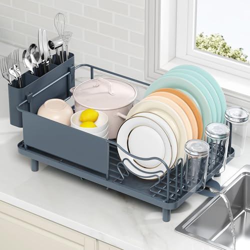 KINGRACK Stainless Steel Dish Drainer Rack, Matte-Green | Anti-Rust Frame, 2 Direction Spout Drain Board, Removable Utensil Holder for Kitchen