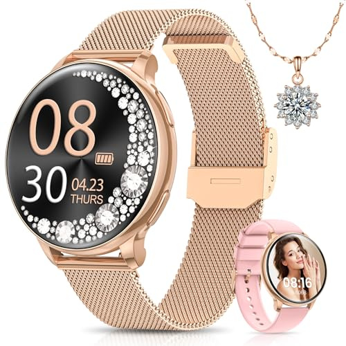 RUXINGX Smartwatch Damen, Kleine Runde Fitnessuhr mit Telefonfunktion 1,27 HD Touchscreen 24h Pulsuhr SpO2 Menstruationszyklus, Schlaf Kalorien Schrittzähler, iOS Android Geschenk Frauen, Rose Gold
