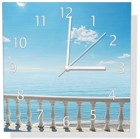 Wallario Design Wanduhr Weite Aussicht über ruhiges Meer aus Aluverbund, Alu-Uhr Größe 30 x 30 cm, weiße Zeiger mit Metalloptik