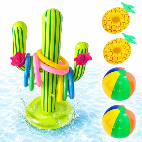 Juego de 13 juegos de lanzamiento de anillos de cactus y pelota de agua inflables, divertidos juguetes para piscina para adultos, soporte para bebidas de piña flotante, accesorios de piscina de verano