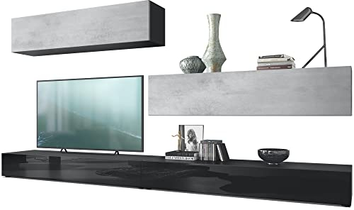 Vladon Wohnwand Nublo, Made in Germany, Anbauwand mit Rückwand mit 2 Klappen und 2 Sockelelementen, Korpus Schwarz matt, Fronten Schwarz Hochglanz und Beton Oxid Optik (280 x 147 x 39 cm)