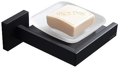 BUVELOT Seifenschale schwarz, Badezimmer gehärtetes Milchglas Seifenschale mit Halter, moderne Duschseifenschale Wandhalterung, quadratischer Seifenhalter für Badewanne und Dusche (Mattschwarz,