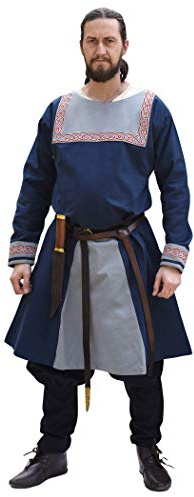 Battle-Merchant Wikinger Tunika Halvar, Blau, XXL | Mittelalter Langarm Hemd für Männer mit gestickter Bordüre, für Reenactment, LARP & Fantasy Cosplay