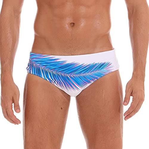 Arcweg Men's Swimming Trunks Briefs Low Waist with Removable Pad Swimwear Elastic Beach Shorts Boxers Underwear Blue Leaves S（UK）