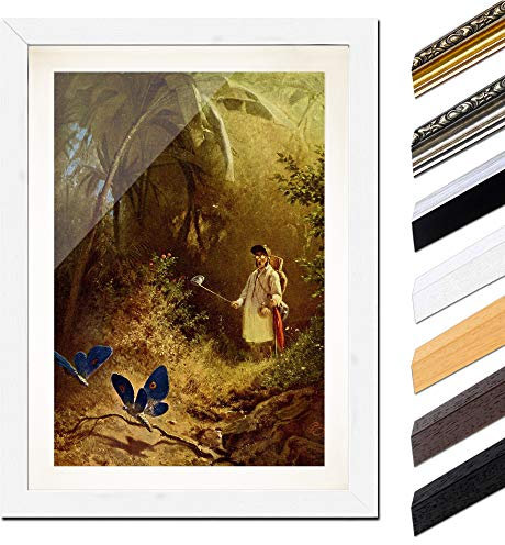 Bild mit Rahmen - Carl Spitzweg Der Schmetterlingsfänger 20x30 cm ca. A4 - Gerahmter Kunstdruck inkl. Galerie Passepartout Alte Meister - Rahmen weiß