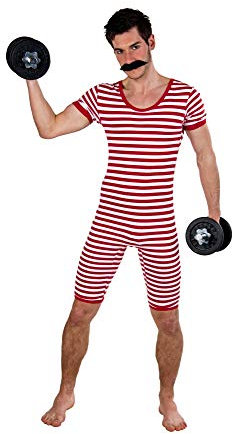 shoperama Nostalgischer Herren Ringel Badeanzug 20er 30er Jahre Gewichtheber Clown Artist Retro Historisch JGA, Farbe:Rot/Weiß, Größe:9/XXL