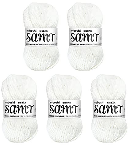 myboshi Samt Wolle zum Häkeln und Stricken, weiche Chenille Wolle im XXL-Knäuel, perfekt für Amigurumi und Kissen, 100% flauschige Polyester, 100g, Ll 100m Weiß (Eisbär) 5 Knäuel