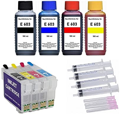 Wiederbefüllbare Tintenpatronen 603 XL + 4 x 100 ml Nachfülltinte kompatibel mit Epson Workforce WF-2810, 2820, 2830, 2835, 2840, 2845, 2850, 2870