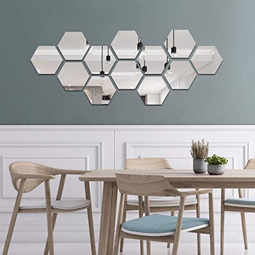 decalmile 12 Piezas Pegatinas de Pared Espejo de Acrílico Vinilos Adhesivos Espejo Salón Dormitorio Hogar Oficina Decoración (Hexágono, Plata)