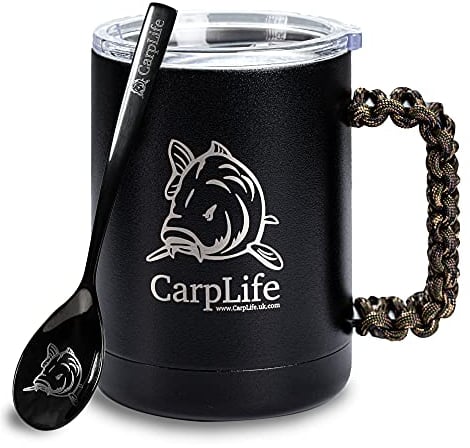 CarpLife Thermal Fishing Mug With Etched Spoon - Stainless Steel With Lid (Camo Handle)
