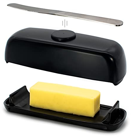 Butter Hub Butter Dish with Lid and Knife, Magnetic Butter Keeper, Easy Scoop, No Mess Lid, Plastic, Dishwasher Safe (Black)