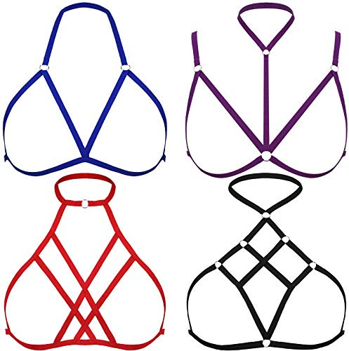 4 Pieces Women Harness Strappy Hollow Out Cross Elastic Cage Bra Cupless Bra Body Lingerie for Ladies(Royal Blue, Purple, Red, Black)