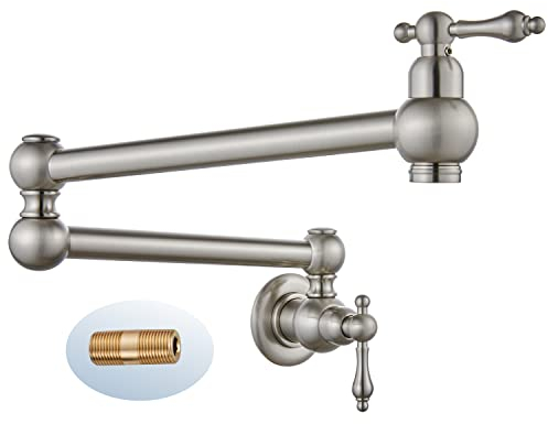 Cinwiny Pot Filler Brushed Nickel Wall Mounted Classical Folding Stretchable Kitchen Restaurant Sink Faucet with Double Joint Swing Arm Single Hole Two Handles Commercial NPT Stainless Steel