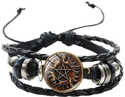 LINWEN Supernatural Dean Sam Herren-Armband Pentagramm Sonne Pentagramm Hebräisch Charm Armband aus gewebtem Leder TV-Serie Schmuck, Einheitsgröße, Leder, 0.79 inches, Leder