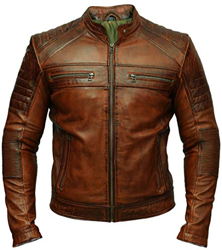 Herren-Motorradjacke, Biker, Cafe Racer, Retro, Vintage, gewachst, braun, Used-Look, braun, XL