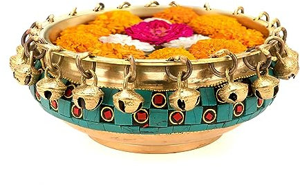 Two Moustaches Gemstone Work Brass Urli Ethnic Traditional Bowl with Bells, 6 Inches Urli, for Flowers, House Warming Gift, Decorative Material - Brass, Pack of 1 (TMP/2428S)