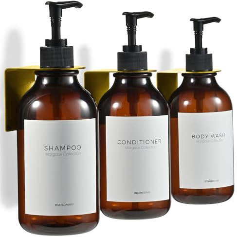 MaisoNovo Distributeur Savon Mural - Distributeur shampoing et Gel Douche – Lot de 3 Bouteilles en Plastique ambré de 500 ML, Pompe Noire – Distributeur shampoing
