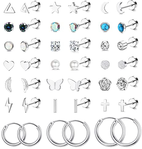 YADOCA 21 Paar Chirurgenstahl Ohrstecker für Damen Mädchen 20G Hypoallergen Kreuz Stern Mond Blume Herz Perle Schmetterling Kleine Flatback Ohrringe Creolen Tragus Knorpel Ohrringe Piercing Schmuck