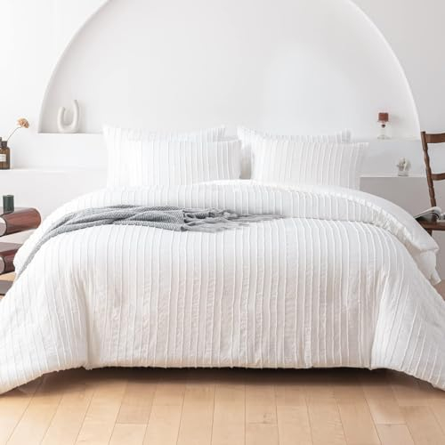 Nyescasa Bettwäsche 200x200 cm Weiß Boho Getuftet Gestreift Streifen Wendebettwäsche Set Mädchen Bohemian Mikrofaser Bettbezug mit Reißverschluss und 2 Kissenbezug 80x80 cm