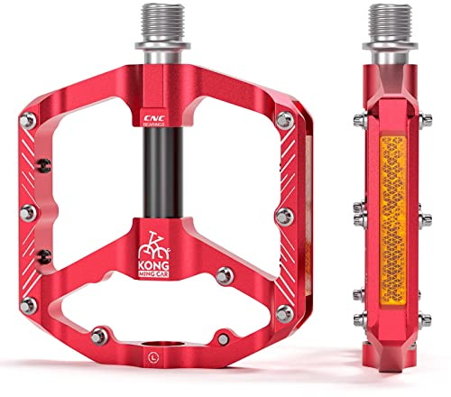KADACHA Fahrradpedale, StVZO-konforme Plattformpedale mit Reflektoren, Leichtgewichtige Anti-Rutsch MTB Pedale, CNC Aluminium für Mountainbike, Rennrad, Trekkingrad (Rot)