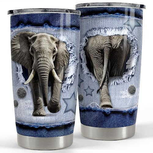 SANDJEST Elephant Tumbler 20oz Stainless Steel Insulated Tumblers Coffee Travel Mug Cup Jeans Drawing Style Elephants Gifts for Women Men Gift for Birthday Christmas