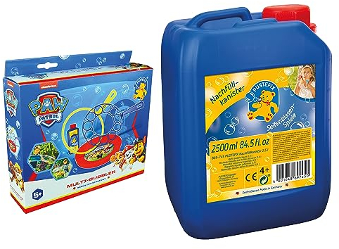 PUSTEFIX Multi-Bubbler PAW Patrol 250ml I Seifenblasen Kinder Set mit 2 Ringen für Kindergeburtstag UVM. I Große Seifenblasen + Nachfüllkanister 2,5L