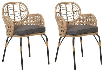 Beliani Gartenstuhl 2er Set Rattan natürlich beige mit Armlehnen Auflage grau Pratello