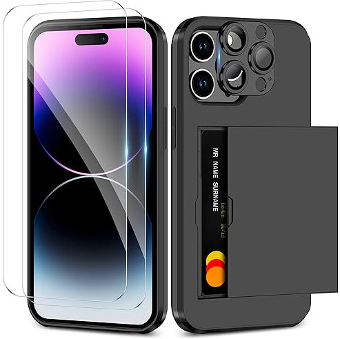 Coolden for iPhone 15 Pro Max Case with Card Holder & 2 Screen Protector + 1 Camera Lens Protector Heavy Duty Protective Case Shockproof Wallet Case Cover for iPhone 15 Pro Max Phone Case-Black