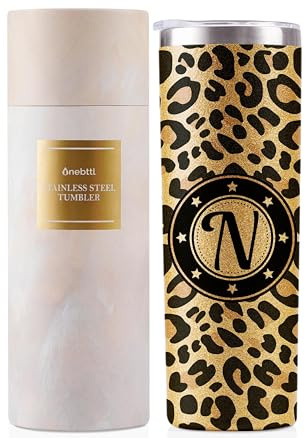 Onebttl Personalised Leopard Print Cup With Initial - Unique Gifts for Women - Birthday, Christmas Ideas - 591ml Vacuum Tumbler With Lid and Straw - Glitter - N