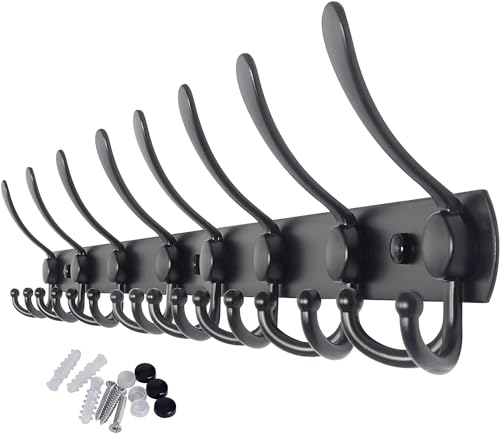 Hoexs - Porte-manteau Mural Noir 75 cm | 8 x 3 Crochets | Design Suspendu | Porte-serviettes | Mat | Matériel de Fixation Inclus