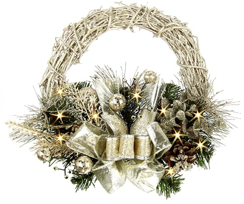 Weihnachtskranz dekoriert mit Donschleife Zapfen Tannenzweige Dekozweige LED-Girlande Beleuchtung Rattan Kranz Deko Kranz Wandkranz Adventskranz Tür Kranz Tannenkranz Blumenkranz Weihnachtsdeko Kränze