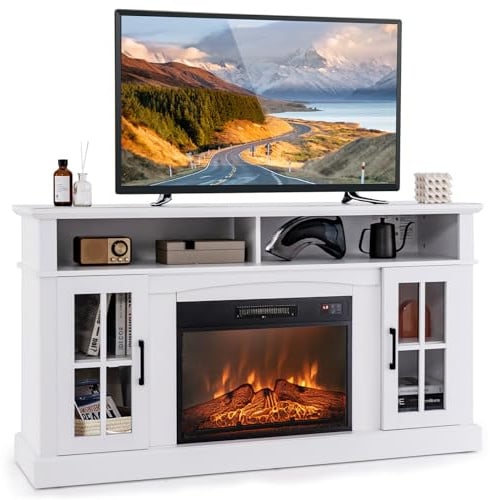Tangkula Fireplace TV Stand for TVs Up to 65 Inch, Electric Fireplace TV Console w/Remote Control, Overheat Protection, 3-Level Adjustable Brightness, TV Entertainment Center w/23” Fireplace