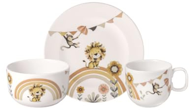 Villeroy & Boch - Boho kids Roar like a lion Ensemble de vaisselle pour enfants 3 pièces, Vaisselle en porcelaine et couverts en acier inoxydable, Lavable au lave-vaisselle, Compatible micro-ondes