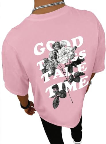 Tomwell Oversize T-Shirt pour Homme Imprimé à Manches Courtes Col Rond Casual Tee Shirt Décontracté Mode Vintage Streetwear Été Chemisier Hauts Manches Courtes Homme A Rose S