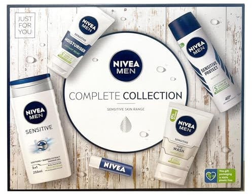NIVEA Men Complete Collection Sensitive Skincare Gift Set - Shower Gel, Moisturiser, Face Wash, Anti-Perspirant, Lip Balm