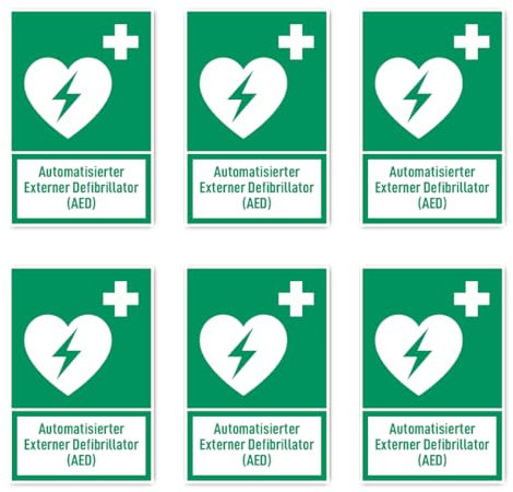 Aufkleber: 75x50 mm, 6 Stück - Automatisierter Externer Defibrillator (AED) - Rettungszeichen mit Text (deutsch) (grün/weiß) - hochkant - E010 - DIN EN ISO 7010 / ASR A1.3