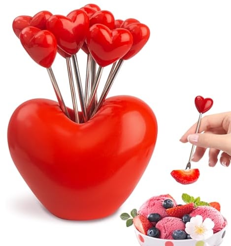 Juego de 10 Tenedores de Frutas de Acero Inoxidable y 1 Soporte de Amor - Tenedores de Postre y Ensalada - Palillos de Alimentos
