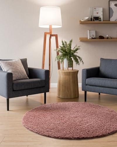 Interiyou Hochflor Teppich Sofia - 160x160 cm Rund Rosa - flauschig und einfarbig - waschbar und rutschfest - weicher Langflor