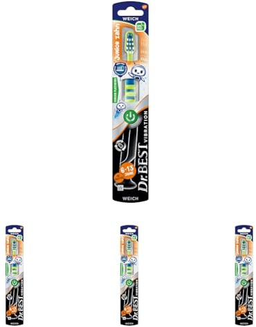 Dr.Best Vibration Juniorzahn Zahnbürste, Weich (1 Stück), für gründliches Zähneputzen (Packung mit 4)