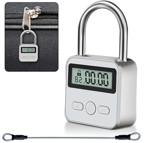 Aoreun Digitale Zeitschloss, Wiederaufladbares USB Sicherheits Vorhängeschloss mit Seil, Time Lock Intelligentes mit LCD-Display, Metall-Timer-Schloss für Verhindere Schlechte Gewohnheiten - Silber