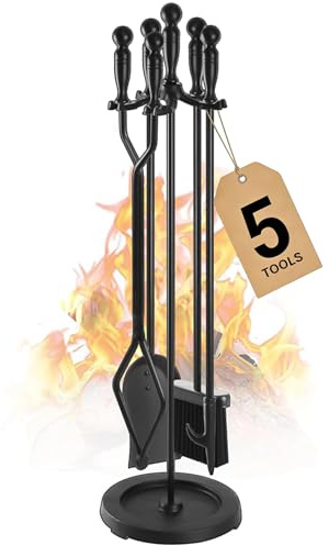 Gtongoko Kaminwerkzeug-Set, 76 cm, Schmiedeeisen, groß, für drinnen und draußen, inklusive Schürhaken, Schaufel, Bürste, Zange und rundem Ständer, Kamin-Set, 5 Stück